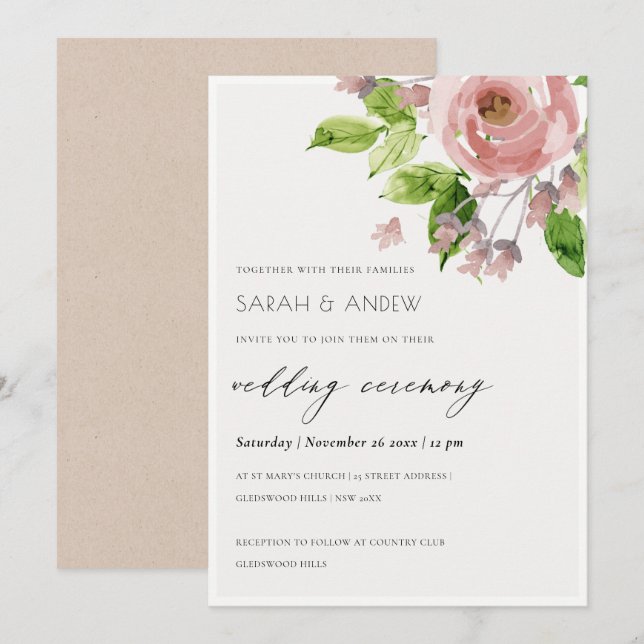 ROMANTISCHE BLUSH PINK WATERCOLOR FLUSSBREITE EINLADUNG (Vorne/Hinten)