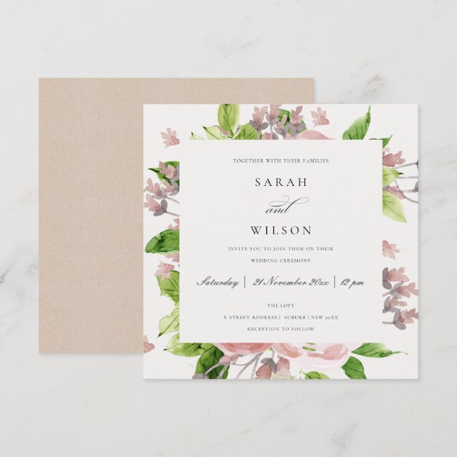 ROMANTISCHE BLUSH PINK WATERCOLOR FLUSSBREITE EINLADUNG (Vorne/Hinten)