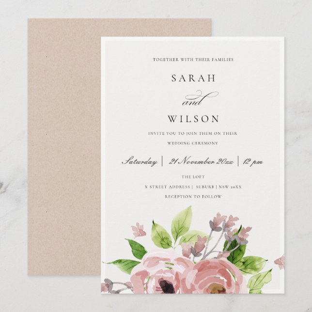 ROMANTISCHE BLUSH PINK WATERCOLOR FLUSSBREITE EINLADUNG (Vorne/Hinten)