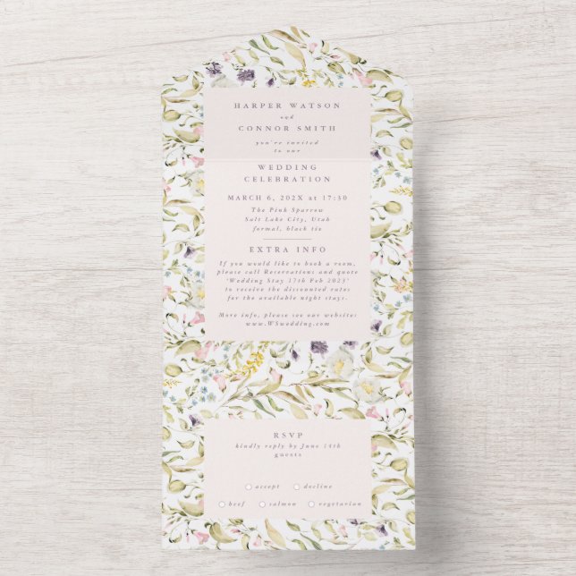 Romantische Blush Spring Wildblume Pampas Wedding All In One Einladung (Innen)