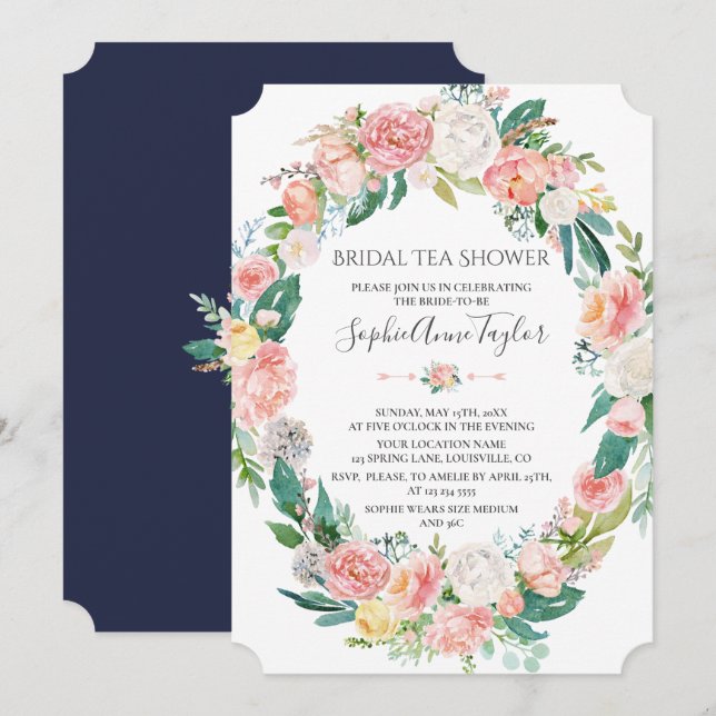 Romantische Blush White Floral Bridal Teedusche Einladung (Vorne/Hinten)