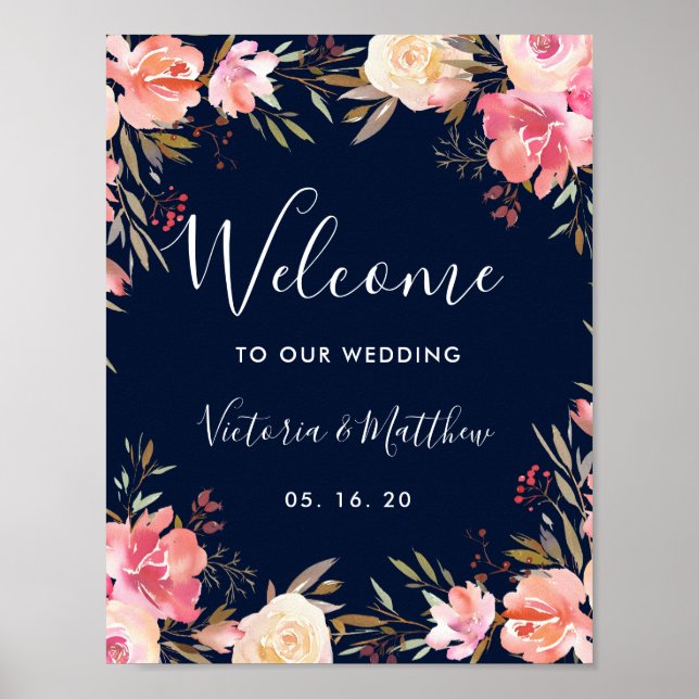Romantische Blütenblütenhochzeit Begrüßung Poster (Vorne)