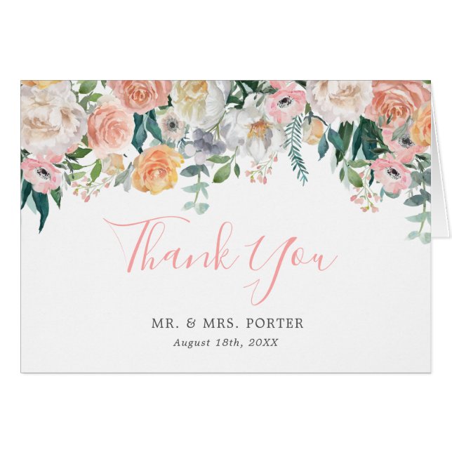 Romantische Blütenblütenhochzeit Danke Note Card (Vorderseite (Horizontal))