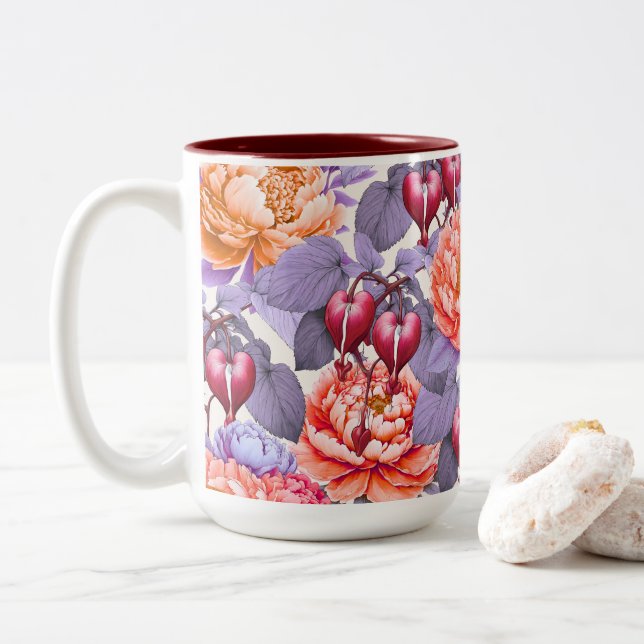 Romantische Blutungen Herz, Bläschen und Peony Zweifarbige Tasse (Mit Donut)