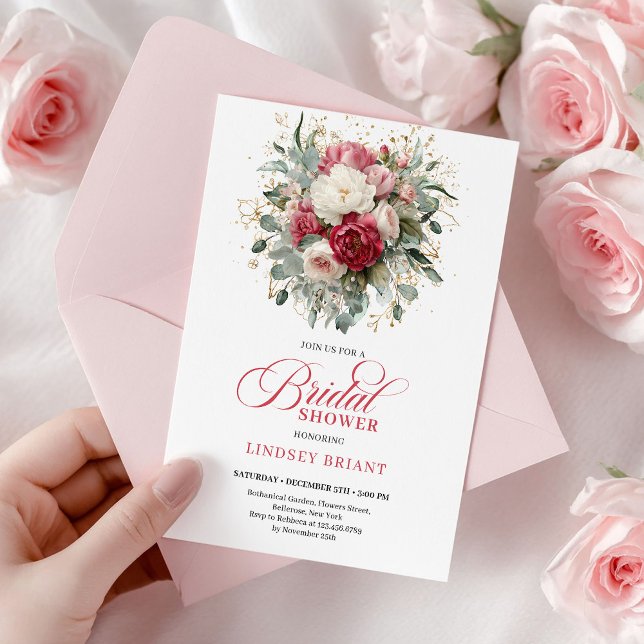 Romantische Boheme-Rubinschmink-Goldrosen-Dusche  Einladung (Romantic Bohemian Ruby Blush Gold Roses Shower Invite

)