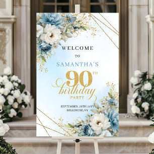Romantische Boho-Blauen Blumen Goldrahmen 90. Gebu Poster