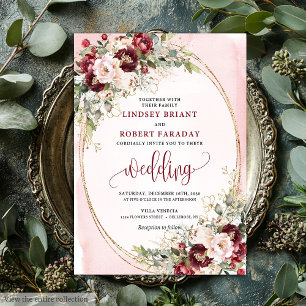 Romantische Boho-Burgunder-Rosa-Gold-Blumen-Einlad Einladung