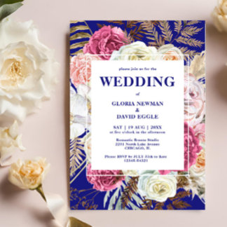 Romantische Boho-Floral-Blüten-Hochzeit in Navybla Einladung