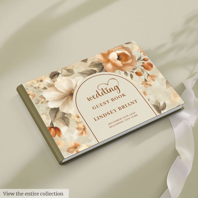 Romantische Boho-Kupfer-Elfenbein-Sage-Blumen-Hoch Gästebuch (Romantic Boho Copper Ivory Sage Flower Wedding Guest Book)