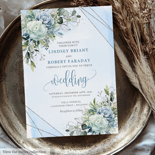 Romantische Boho Pastel Blue Silver Peonies Weddin Einladung (Romantic Boho Pastel Blue Silver Peonies Wedding Invitation)
