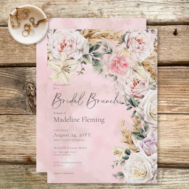 Romantische Boho Pink Roses & Pampas Bridal Brunch Einladung (Romantic Boho Pink Roses & Pampas Bridal Brunch Invitation)