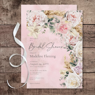 Romantische Boho-Rosa Rosen & Pampas-Brautparty Einladung