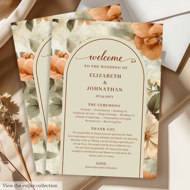 Romantische Boho-Rost-Ivory-Oliv-Sage-Blumenhochze Programm (Romantic Boho Rust Ivory Olive Floral Wedding Program)