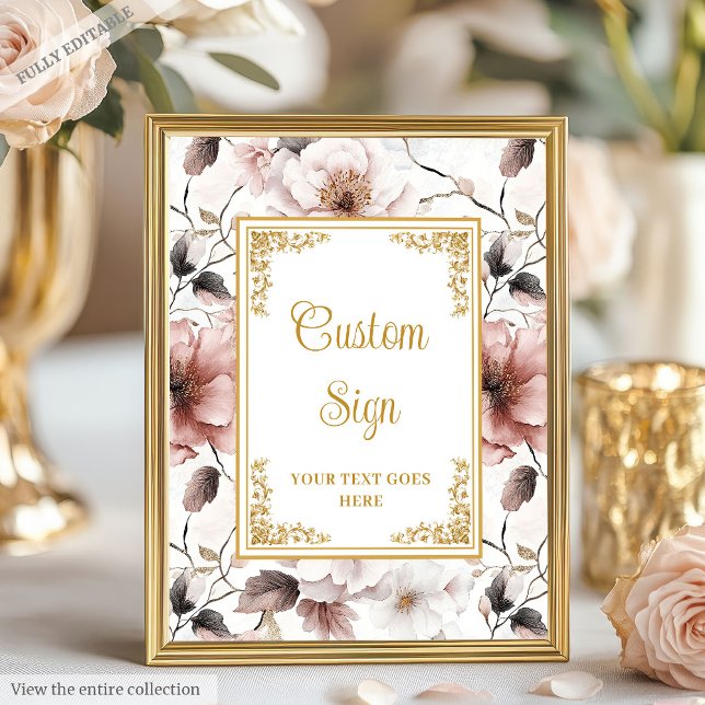 Romantische boho staubige rosa Blume Goldzeichen 8 Poster (Romantic dusty pink flowers tabletop sign)