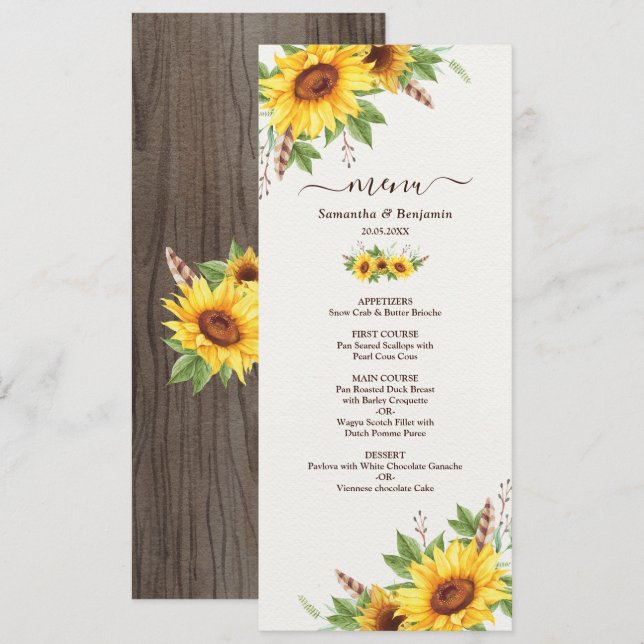 Romantische Boho Sunflowers Wedding Menu Card Einladung (Vorne/Hinten)