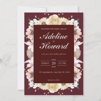 Romantische bordeauxfarbene Floral-Hochzeitseinlad Einladung