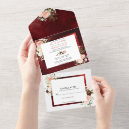 Romantische bordeauxrot Rosa Blumenblume Rustikale All In One Einladung