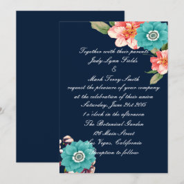 Romantische Botanische Hochzeit in Blau und Rosa Einladung