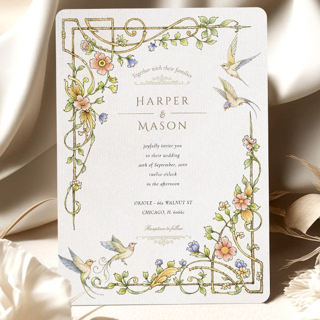 Romantische Botanische Hochzeit mit Blumen und Vög Einladung (Von Creator hochgeladen)