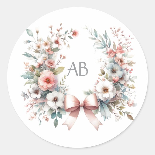 Romantische Bow Floral Baby Shooting Monogram Runder Aufkleber (Vorderseite)