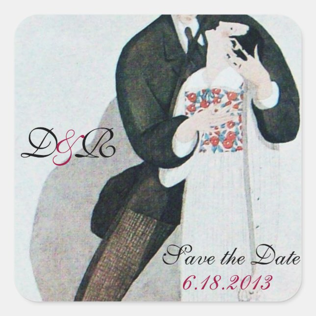 ROMANTISCHE BRÜCKE UND GROOM SAVE THE DATE MONOGRA QUADRATISCHER AUFKLEBER (Vorderseite)