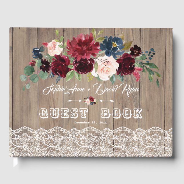 Romantische Burgund Blush Blume Lace Wood Wedding Gästebuch (Vorderseite)