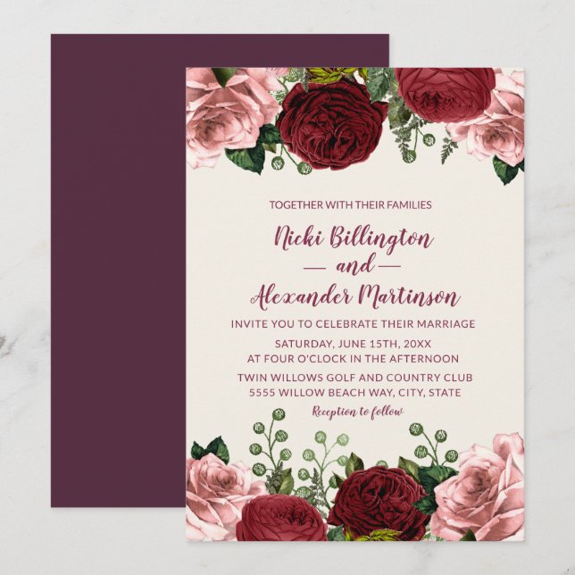 Romantische Burgund Blush Pink Bloral Wedding Einladung (Vorne/Hinten)