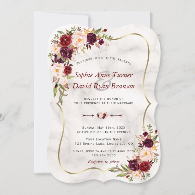 Romantische Burgund Pink-Blume Marmorhochzeit Einladung (Vorderseite)
