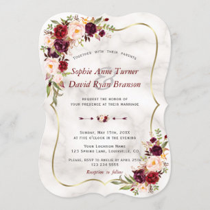 Romantische Burgund Pink-Blume Marmorhochzeit Einladung