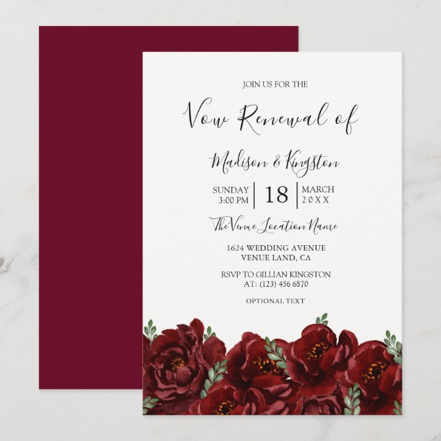 Romantische Burgund Rose Vow Erneuerbare Einladung (Vorne/Hinten)