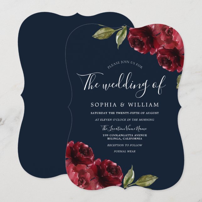 Romantische Burgund-Rote Rose & Blauer Hochzeit Einladung (Vorne/Hinten)