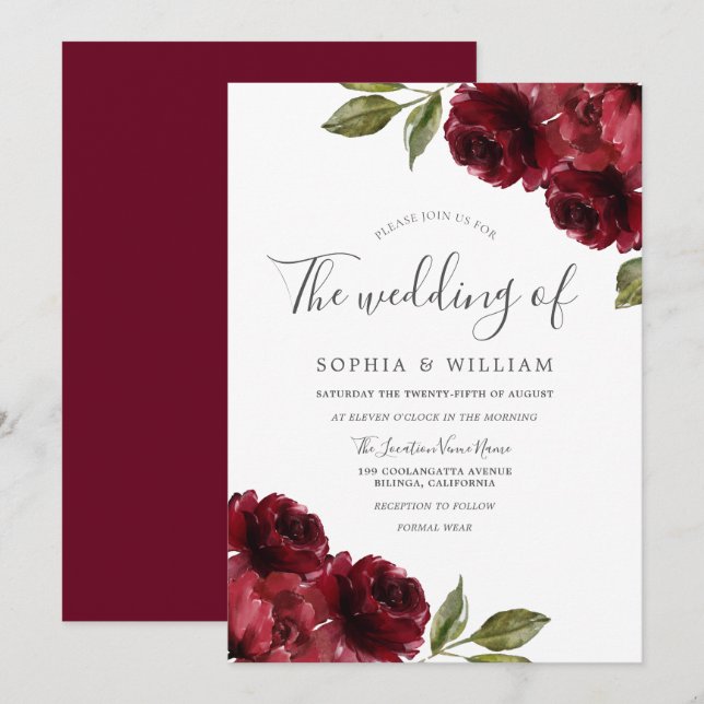 Romantische Burgund-Rote Rose Hochzeit Einladung (Vorne/Hinten)