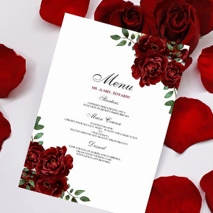Romantische Burgund-Rote Rose Hochzeit Menükarte