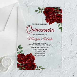 Romantische Burgund-Rote Rose Quinceanera Einladun Acryleinladungen