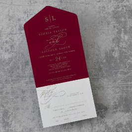 Romantische Burgunder-Kalligrafie-Monogramm-Hochze All In One Einladung