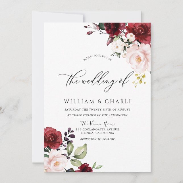 Romantische Burgunder Red Watercolor Hochzeit Einladung (Vorderseite)