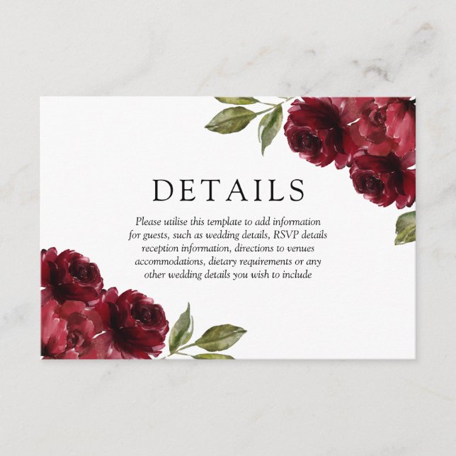 Romantische Burgunder Rote Blume Hochzeitdetails Begleitkarte (Vorderseite)