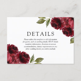 Romantische Burgunder Rote Blume Hochzeitdetails Begleitkarte
