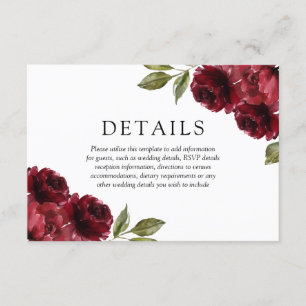 Romantische Burgunder Rote Blume Hochzeitdetails Begleitkarte