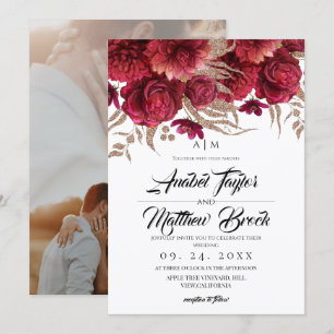Romantische Burgunderrot Gold Blumen Hochzeit  Einladung