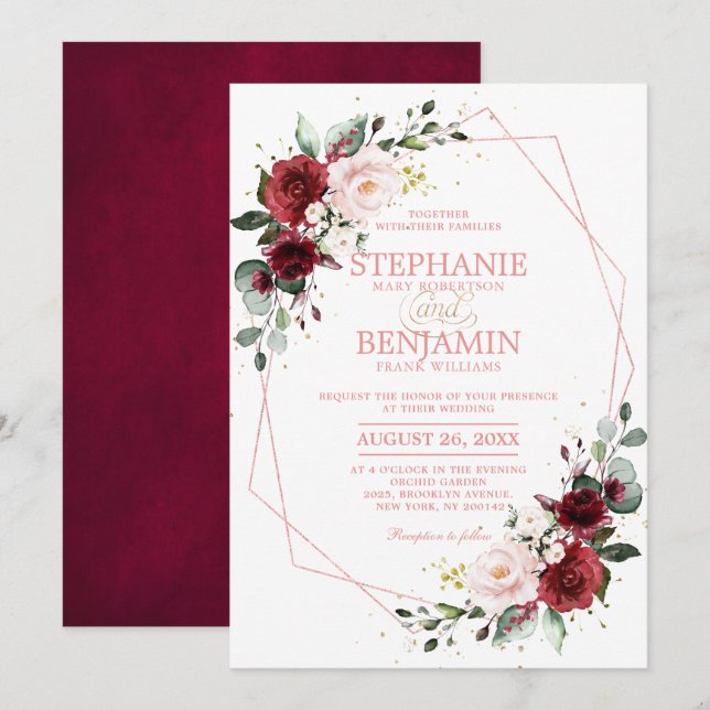 Romantische Burgundy Blush Rose Gold Geometrie Einladung (Vorne/Hinten)