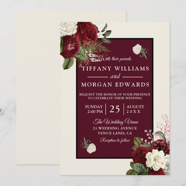 Romantische Burgundy Champagne White Floral Weddin Einladung (Vorne/Hinten)