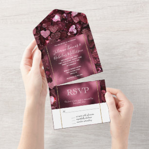 Romantische Burgundy Glitzy Hearts Wedding All In One Einladung