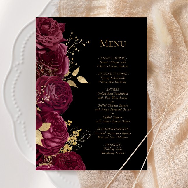 Romantische Burgundy Gold Black Floral Wedding Menükarte (Von Creator hochgeladen)