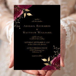 Romantische Burgundy Gold Floral Black Wedding Einladung