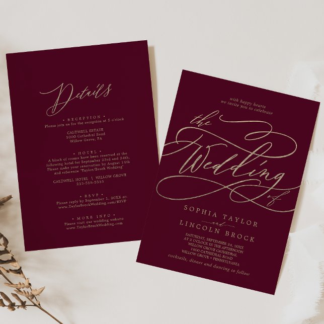 Romantische Burgundy-Kalligrafie-Hochzeit Einladung (Von Creator hochgeladen)
