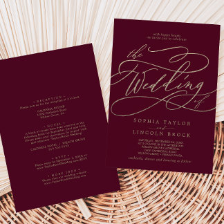 Romantische Burgundy-Kalligrafie in einer Hochzeit Einladung