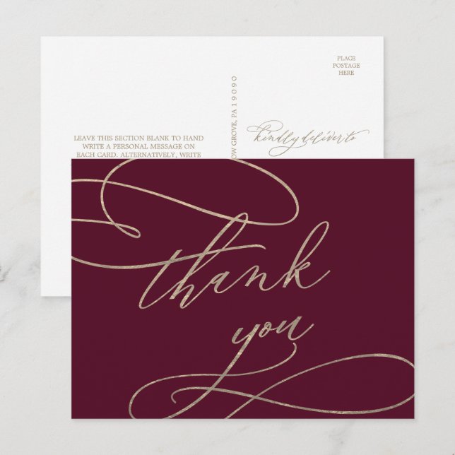 Romantische Burgundy Kalligraphie Danke Postcard Postkarte (Vorne/Hinten)