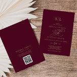 Romantische Burgundy Monogram QR Code Back Wedding Einladung<br><div class="desc">Diese romantische bordeauxrote QR-Code zurück Hochzeitseinladung ist perfekt für eine einfache Hochzeit. Das moderne klassische Design besticht durch extravagante Wirbel und skurrile Schnörkel mit herrlich eleganten, handgezeichneten Imitaten, die auf Champagner-Goldfolie-Typografie setzen. Rett Papier durch einen QR-Code für den Gast, um Details, UAWG oder beides anzuzeigen. Bitte beachten Sie: Dieses Design...</div>