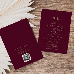Romantische Burgundy Monogram QR Code Back Wedding Einladung